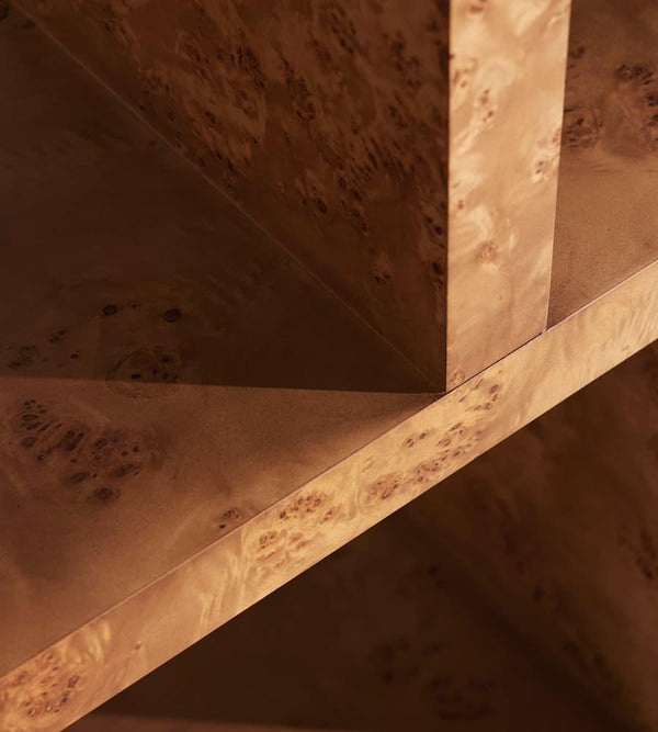 Luxury Display Shelf – Sculptural Geometry in Burl Wood